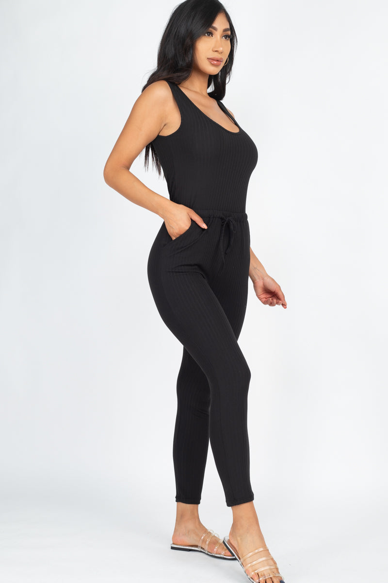 Ribbed Sleeveless Drawstring Jumpsuit