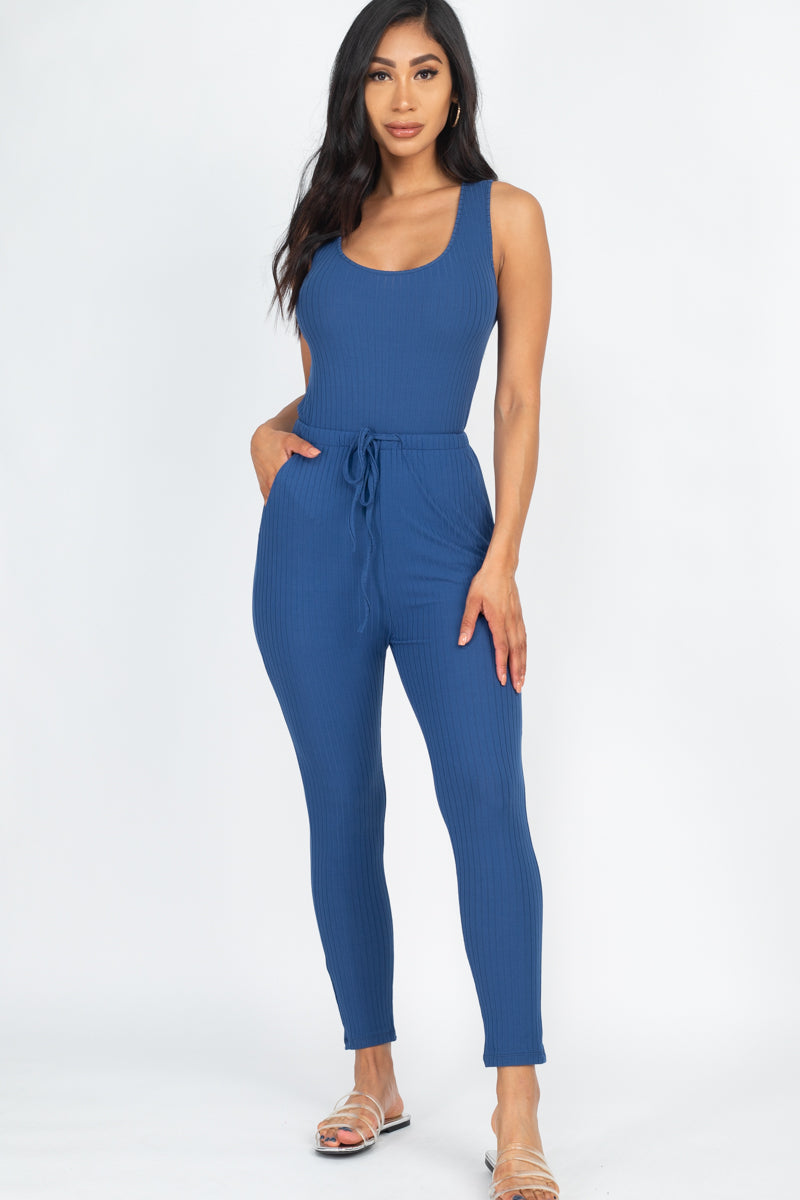 Ribbed Sleeveless Drawstring Jumpsuit