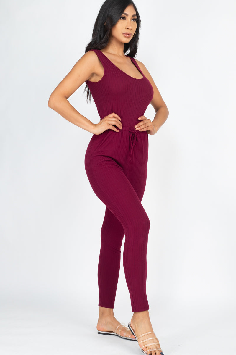 Ribbed Sleeveless Drawstring Jumpsuit