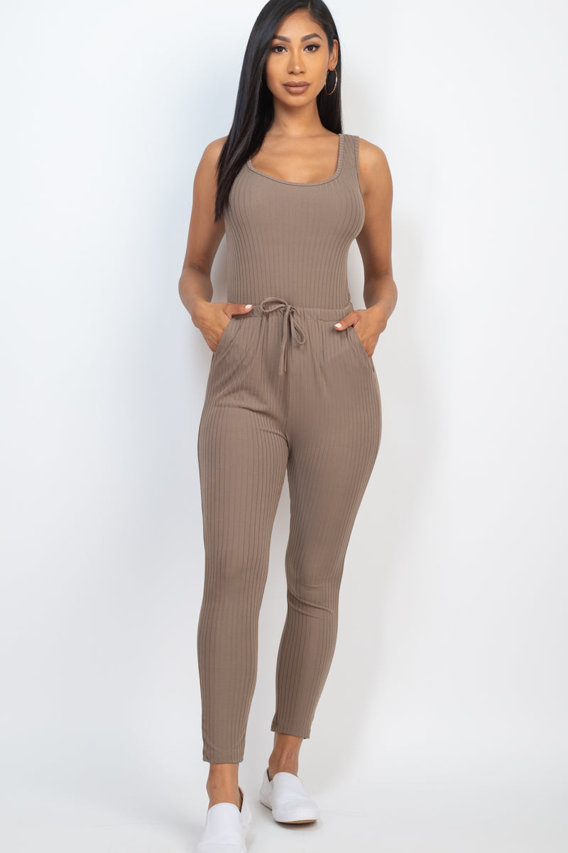 Ribbed Sleeveless Drawstring Jumpsuit