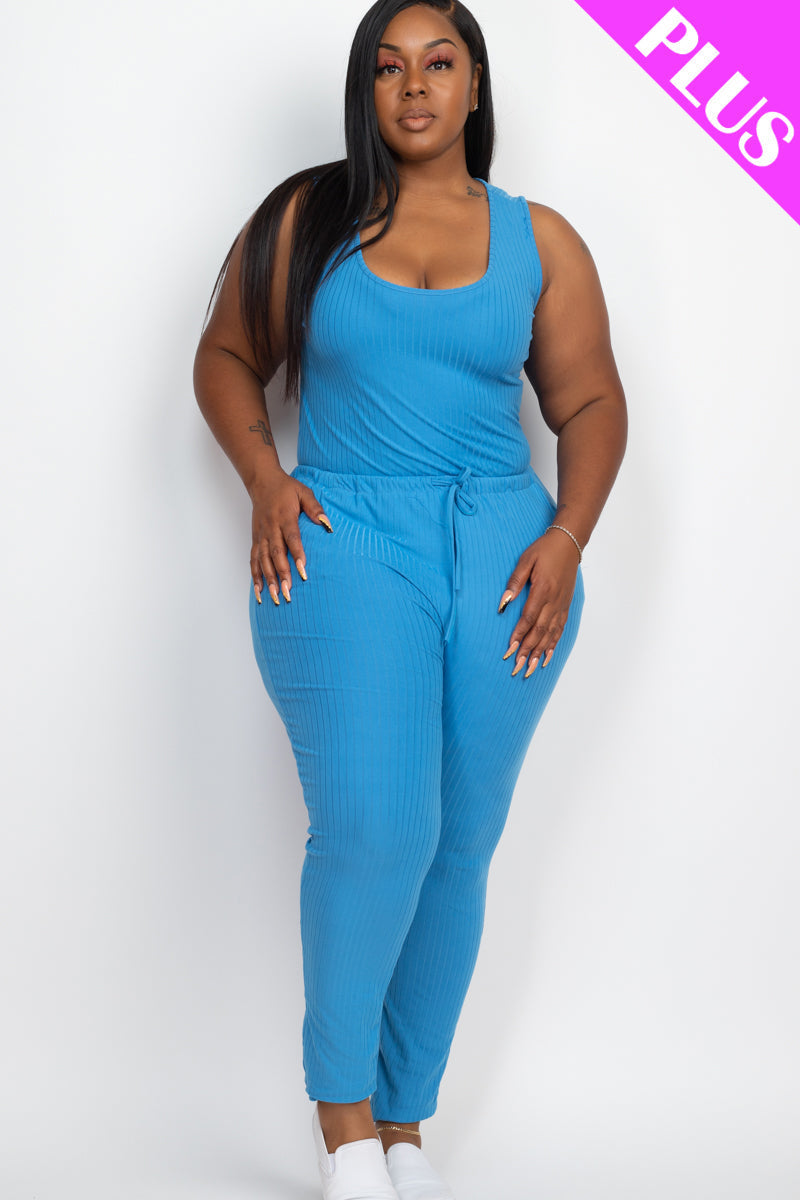 Plus Size Ribbed Sleeveless Drawstring Waist Jumpsuit