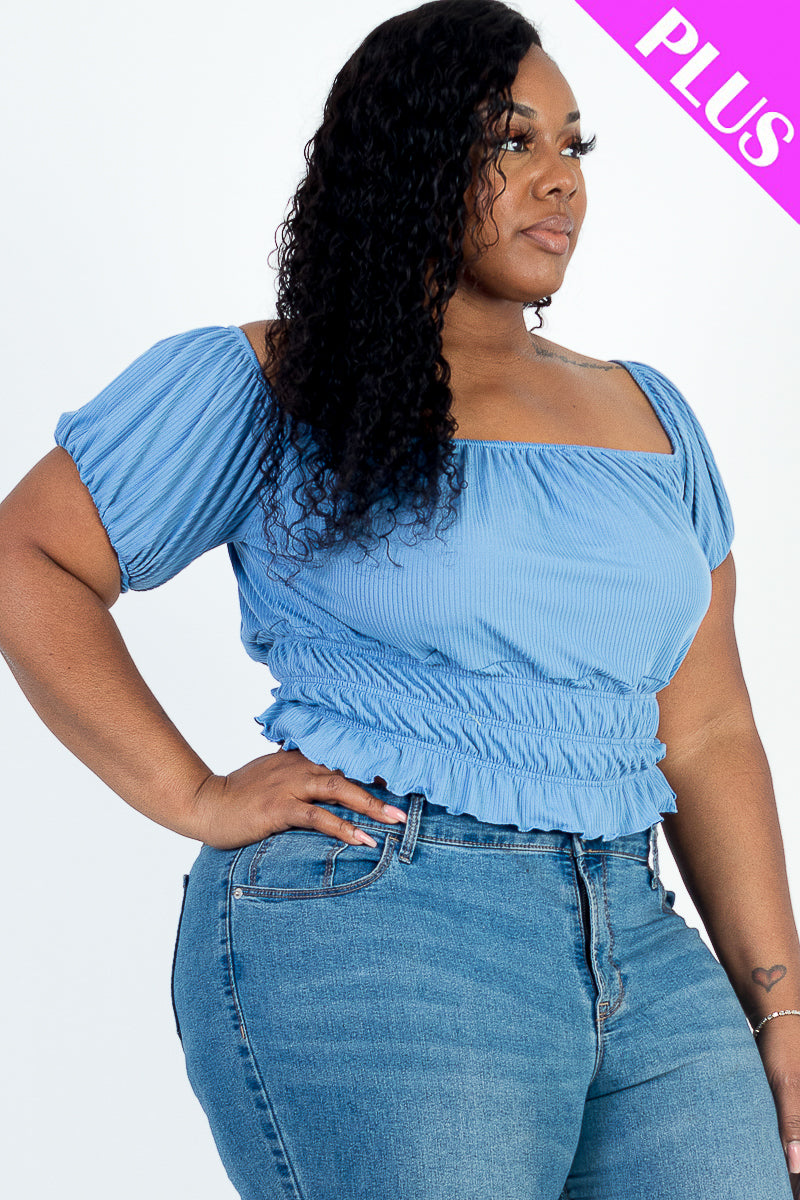 Plus Size Casual Ruched Puff Sleeve Ribbed Knit Solid Top