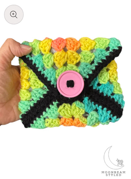 Handmade Crochet Granny Square Pouch – Bright Neon Pop
